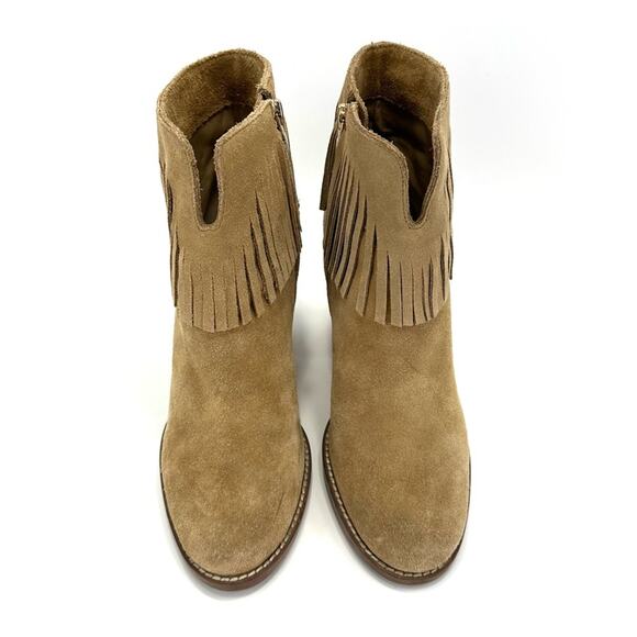 Neiman Marcus Avale Tan Ankle Boot Size 8 Suede Fringes Block High Heel Bootie - Picture 11 of 15